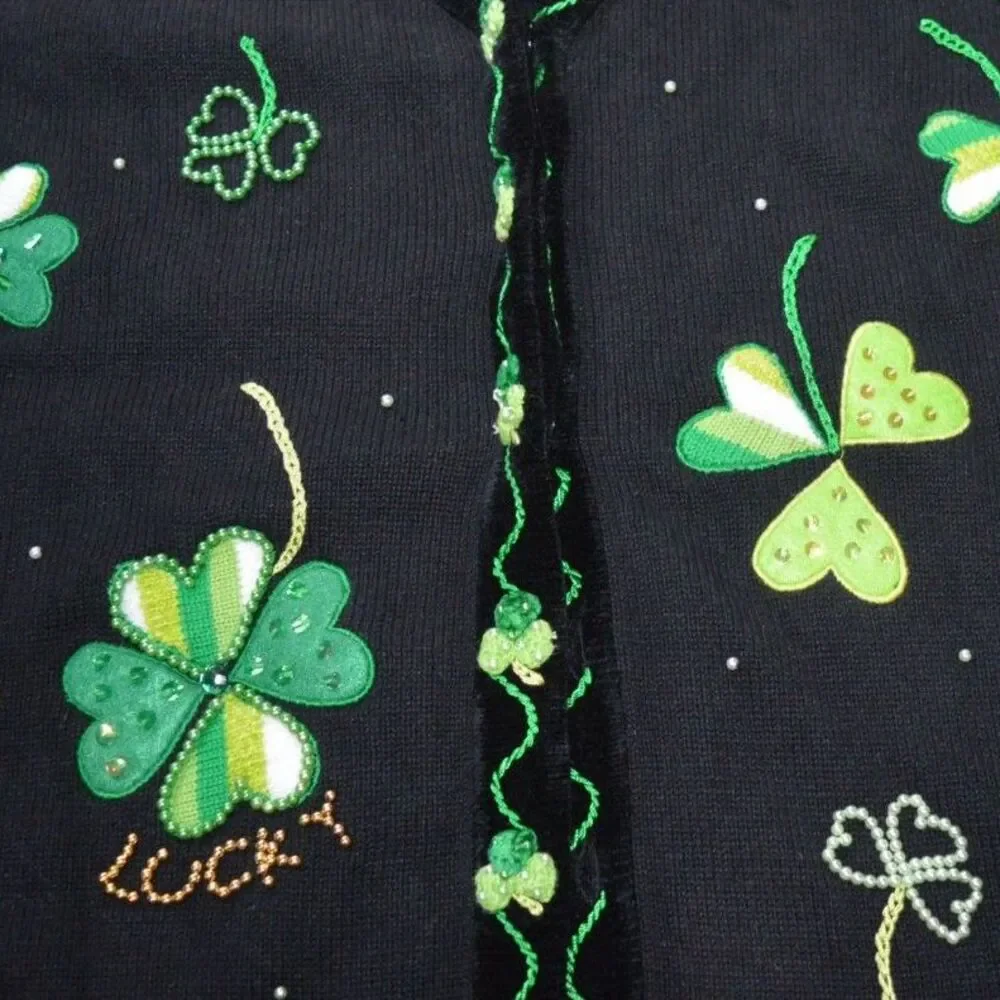 Vintage Quacker Factory Sweater Cardigan XL Plus Shamrock St Patrick's Day Irish